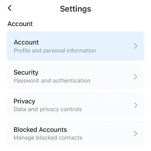 Settings menu with Account section highlighted