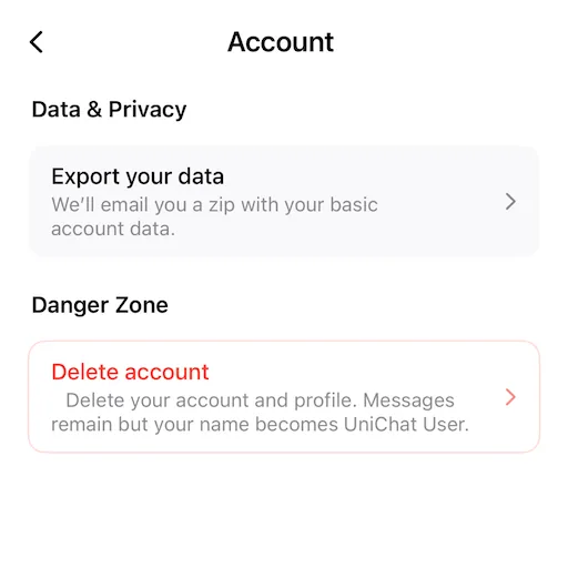 Account settings showing “Export your data” option