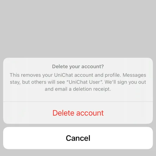confirmation sheet with “Delete account” and “Cancel”